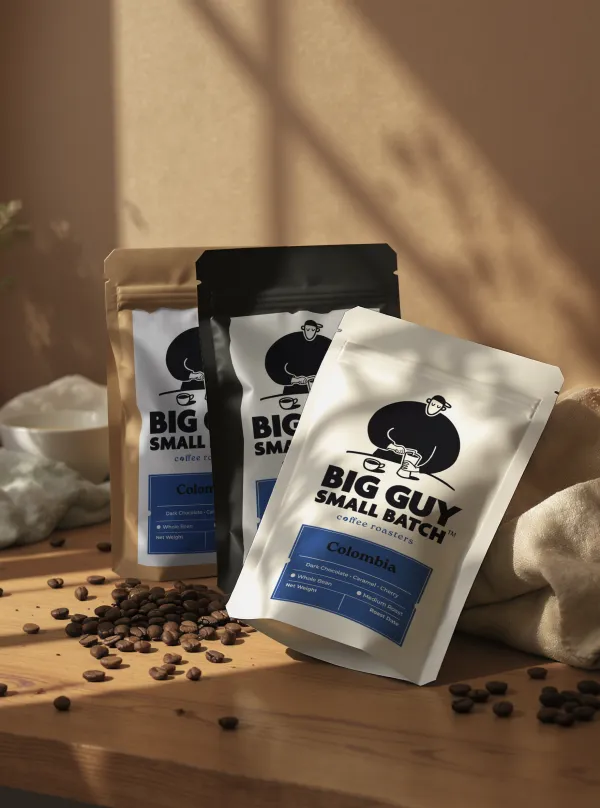 A bag of Big Guy Small Batch Colombia Huila light-medium roast coffee