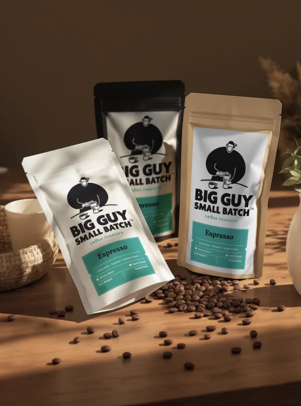 A bag of Big Guy Small Batch BGSB Espresso Blend dark-roast coffee