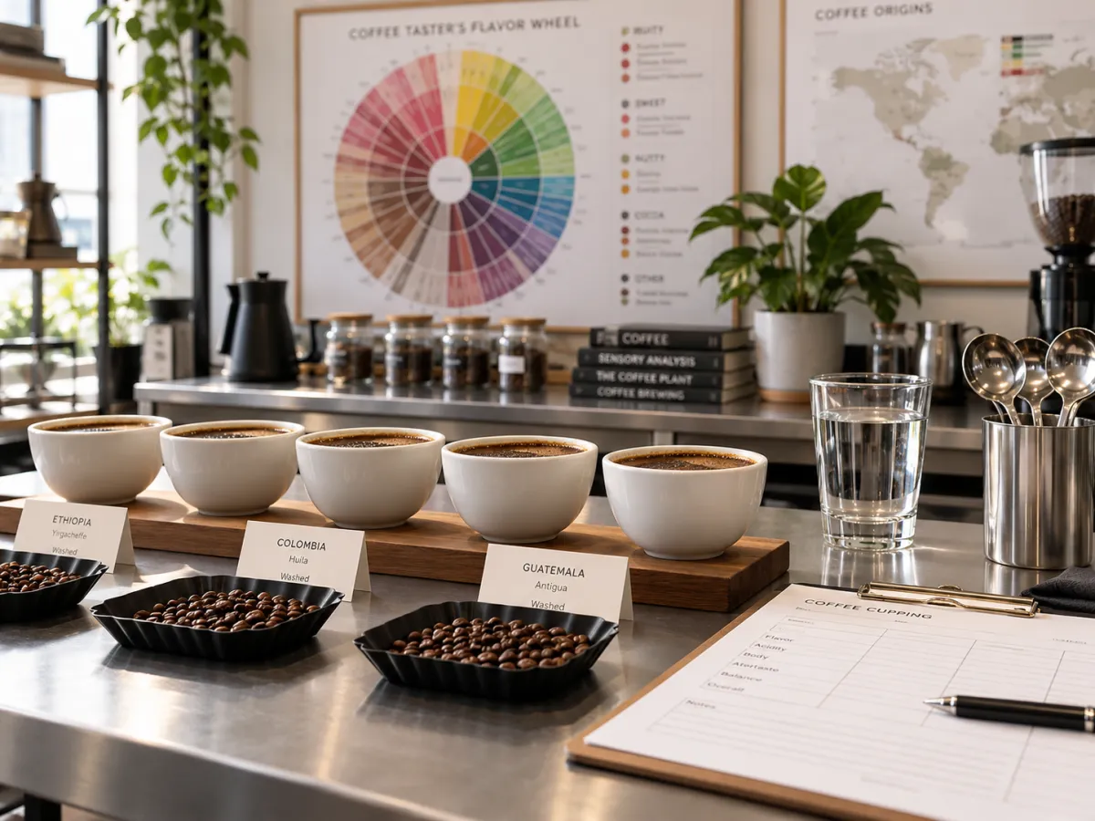 A coffee cupping table: five white cups of coffee in a row on a wooden board, labeled trays of roasted beans in front, a glass of water and cupping spoons beside them, a cupping score sheet on a clipboard, and a flavor wheel poster on the wall behind.