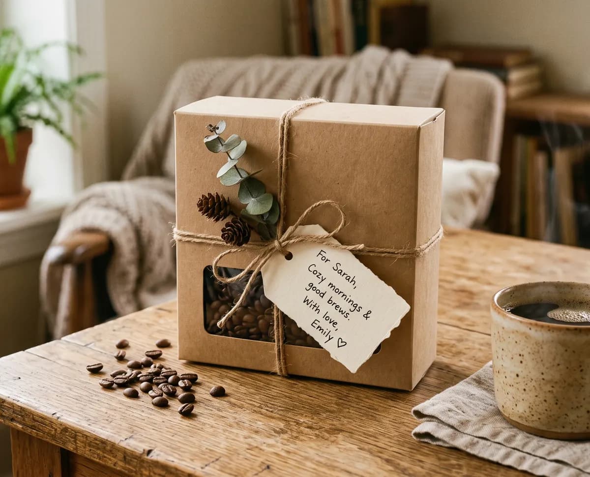 A kraft-paper gift box tied with twine, with a sprig of eucalyptus and a handwritten tag, beside a mug of coffee on a wooden table.