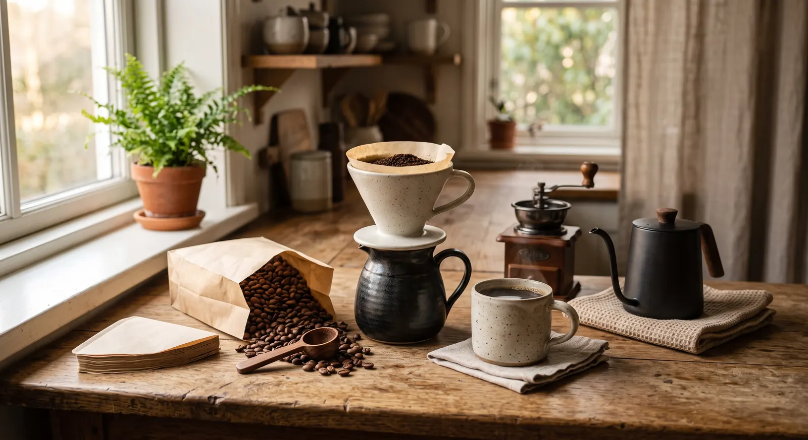 A pour-over coffee setup on a wooden kitchen table by a window: a ceramic dripper on a dark carafe, a gooseneck kettle, a hand grinder, a mug of coffee and an open paper bag of beans.